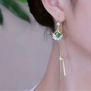 Ginkgo leaf faux cat eye emerald and cubic zirconia drop earrings